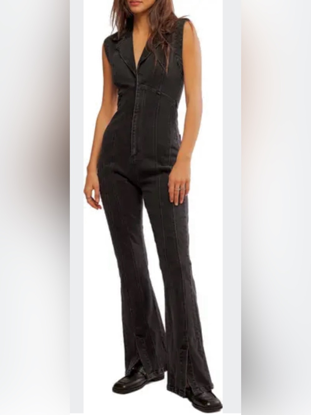 Free People CRVY Ring the Alarm Sleeveless Black Zip-Front Jumpsuit size medium
